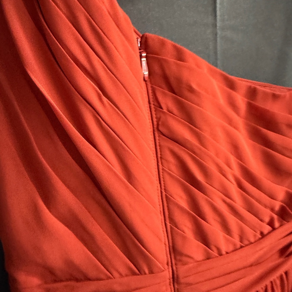 One-Shoulder Ruffled High-Low Chiffon Maxi Dress with Pockets - Rust/Terracotta - Picture 10 of 12